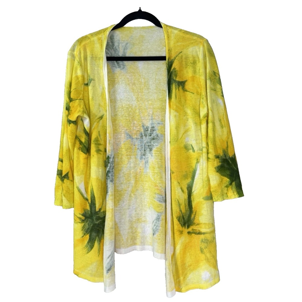 VTG Jones New York Yellow Floral Linen Cardigan M/L Open Front Knit Cottagecore